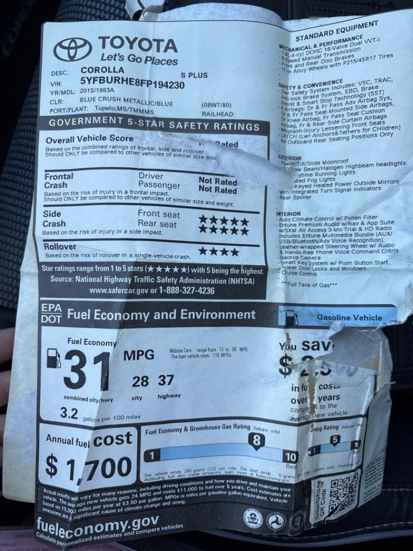 2015 BLUE TOYOTA COROLLA (5YFBURHE8FP) with an 1.8L engine, Automatic transmission, located at 503 First Street, Canonsburg, PA, 15317, (724) 745-0566, 40.266006, -80.178413 - Photo#34